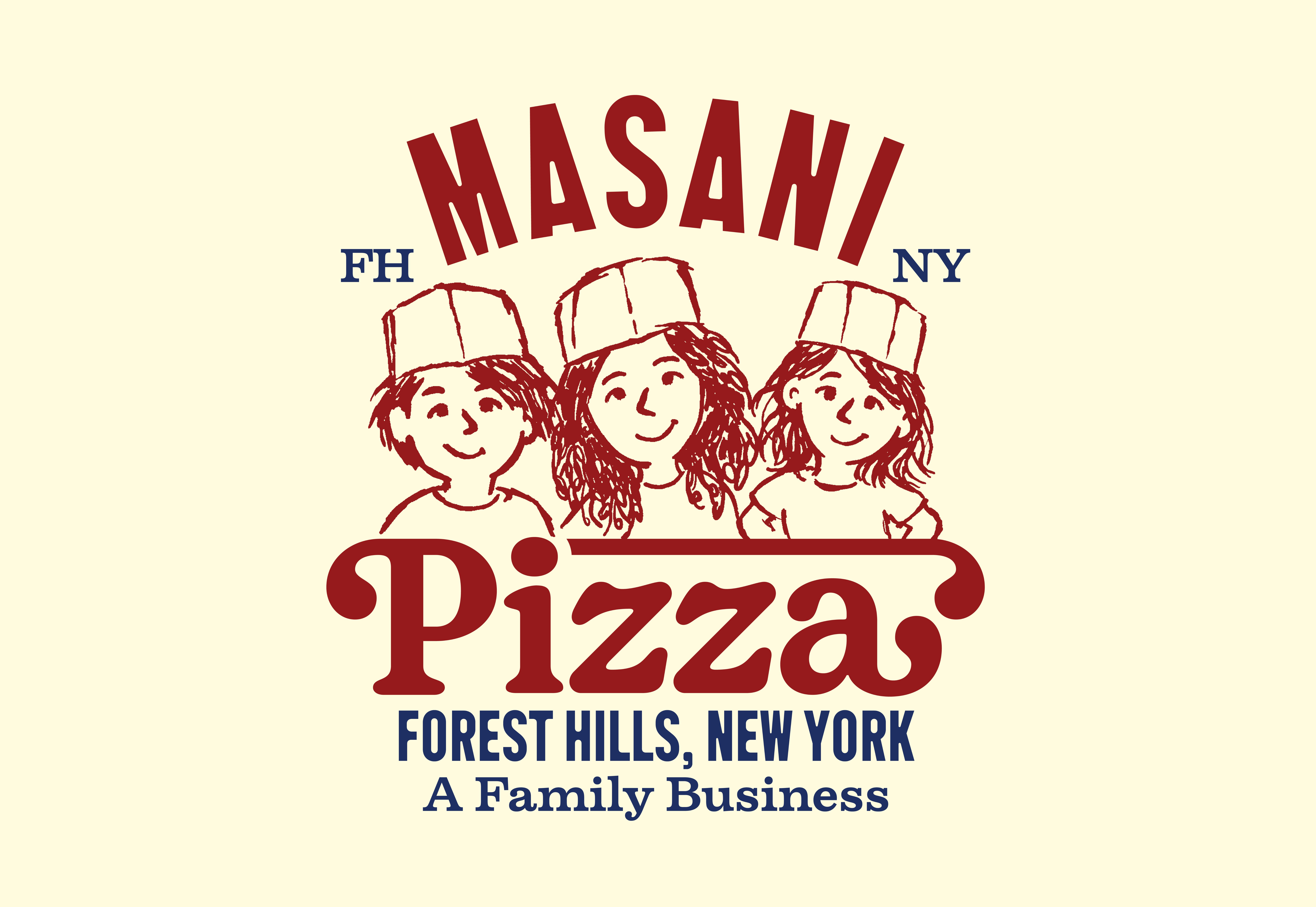 Masani Pizza logo featuring illustrated drawings of three children in chef hats — Matthew, Samantha and Nicole — with the text: Masani Pizza, Forest Hills New York, A Family Business